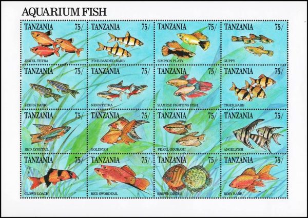 TANZANIA/SELLOS, 1991 - PECES DE ACUARIO - YV 698/715 - HOJITA - NUEVO