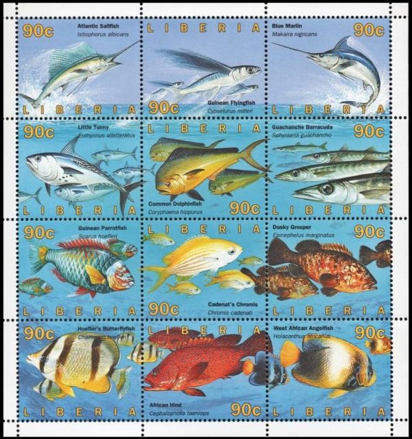 LIBERIA/SELLOS, 1996 - FAUNA MARINA - PECES - YV 1319/30 - HOJITA - NUEVO