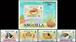 ANGUILLA/SELLOS, 1987 - FAUNA MARINA - CARACOLES - CANGREJOS - YV 702/05 + BF 79 - 4 VALORES + BLOQUE - NUEVO