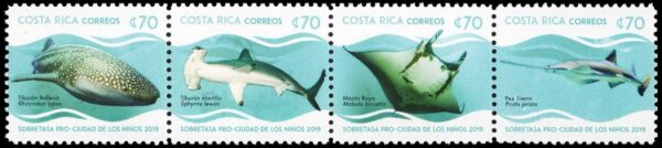 COSTA RICA/SELLOS, 2019 - FAUNA MARINA -TIBURONES - RAYAS - PES SIERRA - 4 VALORES - NUEVO