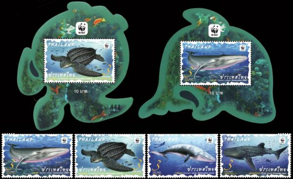 TAILANDIA/SELLOS, 2019 - W.W.F. - FAUNA MARINA - BALLENAS - TORTUGAS - TIBURONES - 4 VALORES + 2 BLOQUES