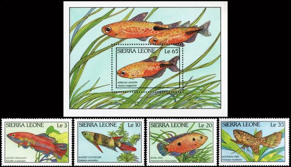 SIERRA LEONA/SELLOS, 1988 - FAUNA MARINA - PECES - YV 880/83 + BF 76 - 4 VALORES + BLOQUE - NUEVO