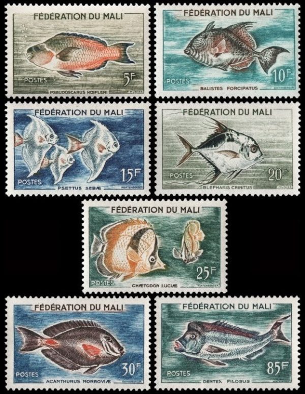 MALI/SELLOS, 1960 - FAUNA MARINA - PECES - YV 2/8 - 7 VALORES - NUEVO