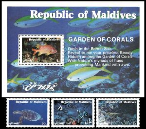 MALDIVAS/SELLOS, 1980 - FAUNA MARINA - CORALES - TORTUGAS - PECES - YV 844/46 + BF 71 - 3 VALORES + BLOQUE - NUEVO