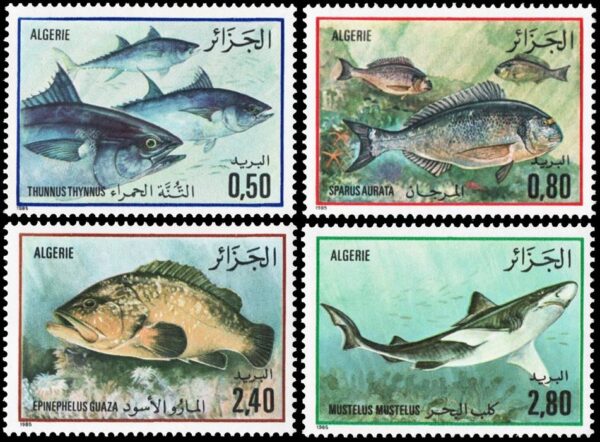 ARGELIA/SELLOS, 1985 - FAUNA MARINA - PECES - TIBURON -YV 831/34 - 4 VALORES - NUEVO