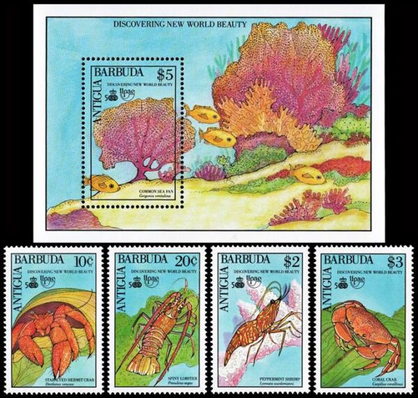 ANTIGUA/SELLOS, 1990 - FAUNA MARINA - CORALES - PECES - CANGREJOS - YV 1223/26 + BF 174 - 4 VALORES + BLOQUE - NUEVO