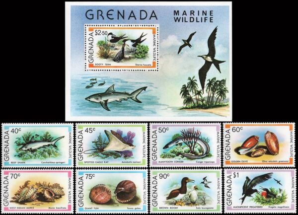 GRANADA/SELLOS, 1979 - FAUNA MARINA - AVES MARINAS - YV 875/82 + BF 82 - 8 VALORES + BLOQUE - NUEVO