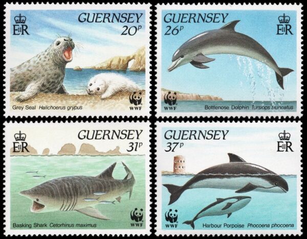 GUERNSEY/STAMPS, 1990 - W.W.F. - WHALES - DOLPHINS - SHARKS - YV 499/502 - 4 VALORES - NUEVO