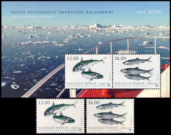 GROENLANDIA (DINAMARCA) SELLOS, 2018 - PECES DE AGUAS NORDICAS - YV 767/68 + F 767 - 2 VALORES + BLOQUE - NUEVO