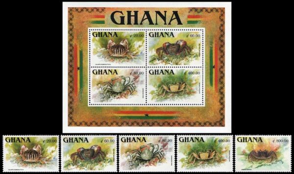 GHANA/SELLOS, 1992 - CRUSTACEOS - CANGREJOS - YV 1436/40 + BF 211 - 5 VALORES + BLOQUE - NUEVO