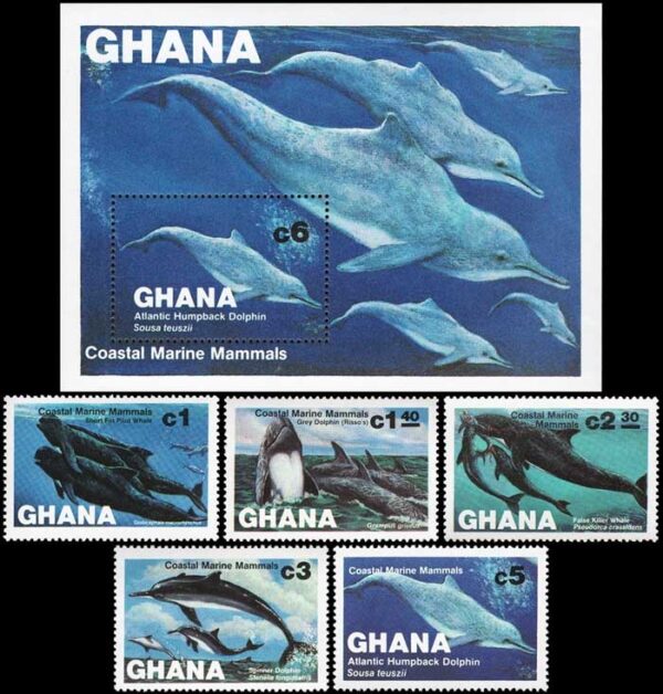 GHANA/SELLOS, 1983 - FAUNA MARINA - BALLENAS Y DELFINES - YV 781/85 + BF 98 - 5 VALORES + BLOQUE - NUEVO