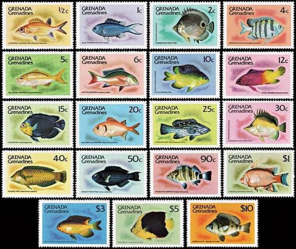 GRANADINAS/SELLOS, 1980 - FAUNA MARINA - PECES - YV 350/368 - 19 VALORES - NUEVO