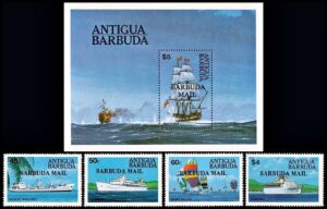 BARBUDA/SELLOS, 1984 - BARCOS - YV 692/95 + BF 77 - 4 VALORES + BLOQUE - NUEVO
