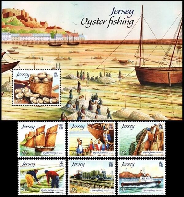 JERSEY/SELLOS, 2014 - BARCOS - OSTRICULTURA - YV 1936/41 + F 1942 - 6 VALORES + BLOQUE - NUEVO