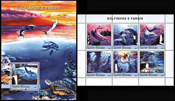 GUINEA BISSAU/SELLOS, 2004 - FAROS - DELFINES - YV 1684/89 + BF 214 - HOJITA + BLOQUE - NUEVO