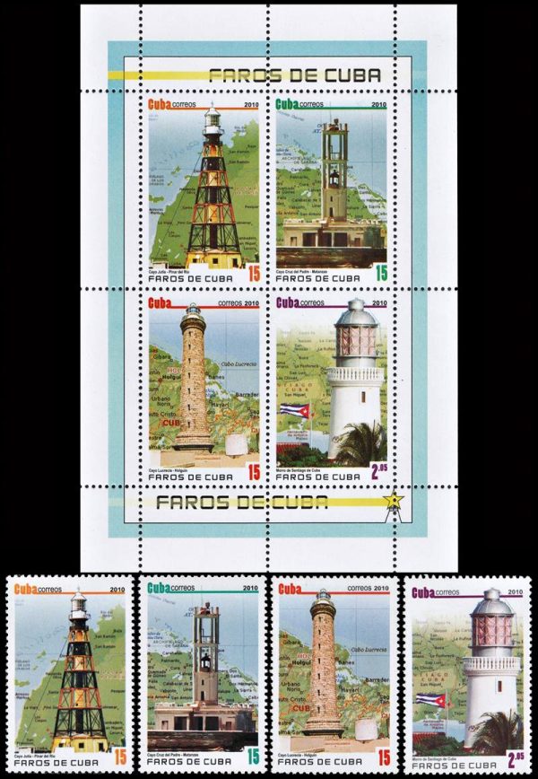 CUBA/SELLOS, 2010 - FAROS - YV 4873/76 + BF 274 - 4 VALORES + BLOQUE - NUEVO