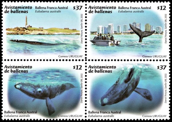 URUGUAY/SELLOS, 2011 - FAUNA MARINA - BALLENA FRANCA AUSTRAL - FAROS - YV 2518/521 - 4 VALORES - NUEVO