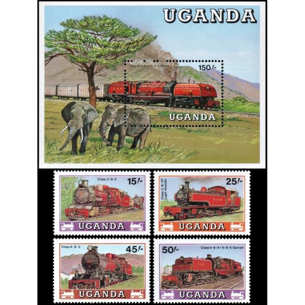 UGANDA/SELLOS, 1988 - TRENES - ELEFANTES - YV 498/501 + BF 76 - 4 VALORES + BLOQUE - NUEVO