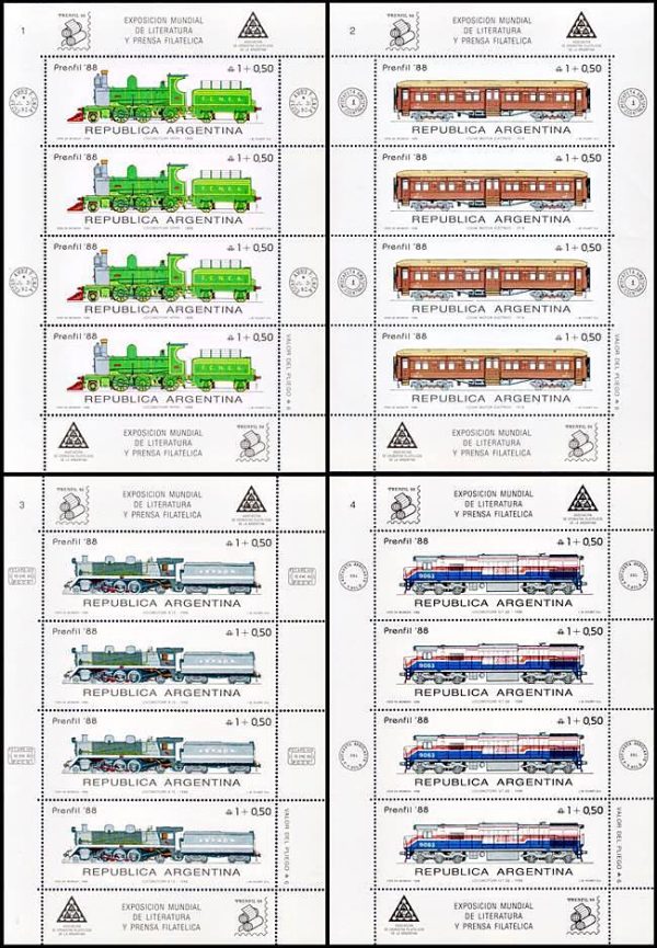 ARGENTINA/SELLOS, 1988 - TRENES - CAT G.J. HB 63/66 - 4 BLOQUES - NUEVO