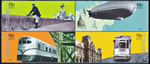 ARGENTINA/SELLOS, 2004 - MEDOIOS DE TRANSPORTE - TRENES - ZEPPELIN - BICICLETA - 4 VALORES - NUEVO