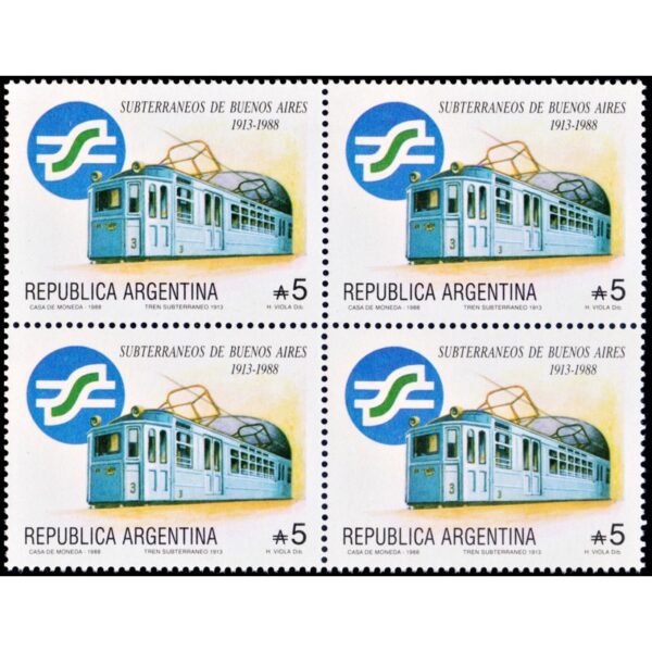ARGENTINA/SELLOS, 1988 - TRENES - SUBTERRANEO - CAT G.J. 2426 - BLOCK DE CUATRO - NUEVO