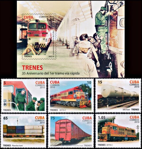 CUBA/SELLOS, 2010 - TRENES - YV 4825/30 + BF 270 - 6 VALORES + BLOQUE - NUEVO