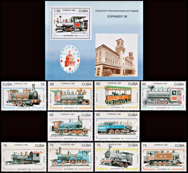 CUBA/SELLOS, 1996 - TRENES - YV 3590/99 + BF 148 - 10 VALORES + BLOQUE - NUEVO