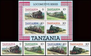 TANZANIA/SELLOS, 1985 - TRENES - YV 236/6 + BF 41 - 4 VALORES + BLOQUE -NUEVO