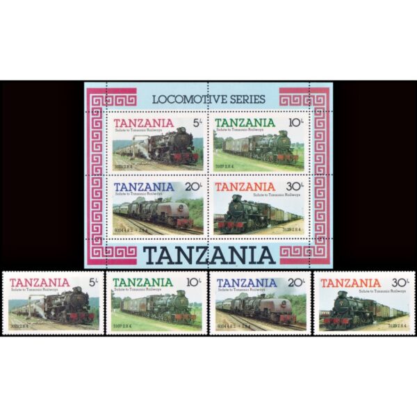 TANZANIA/SELLOS, 1985 - TRENES - YV 236/6 + BF 41 - 4 VALORES + BLOQUE -NUEVO