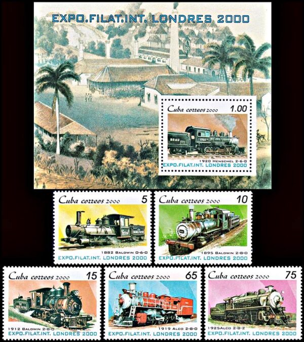 CUBA/SELLOS, 2000 - TRENES - YV 3863/67 + BF 160 - 5 VALORES + BLOQUE - NUEVO