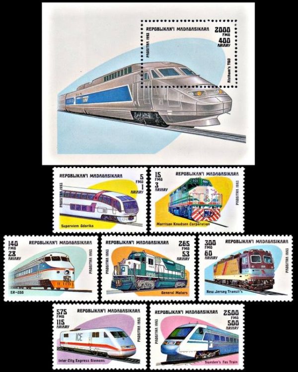 MADAGASCAR/SELLOS, 1993 - TRENES - YV 1317/23 + BF 90 - 7 VALORES + BLOQUE - NUEVO