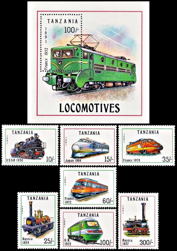 TANZANIA/SELLOS, 1991 - TRENES - YV 789/95 + BF 140 - 7 VALORES + BLOQUE - NUEVO