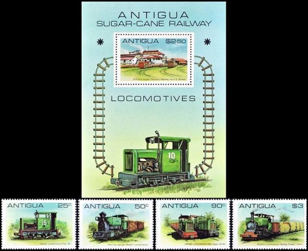 ANTIGUA/SELLOS, 1981- TRENES - 601/04 + BF 53 - 4 VALORES + BLOQUE - NUEVO