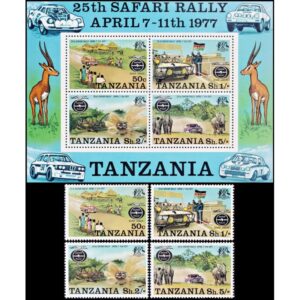 TANZANIA/SELLOS, 1977 - AUTOMOVILES - FAUNA - SAFARI RALLY - YV 72/75 + BF 5 - 4 VALORES + BLOQUE - NUEVO