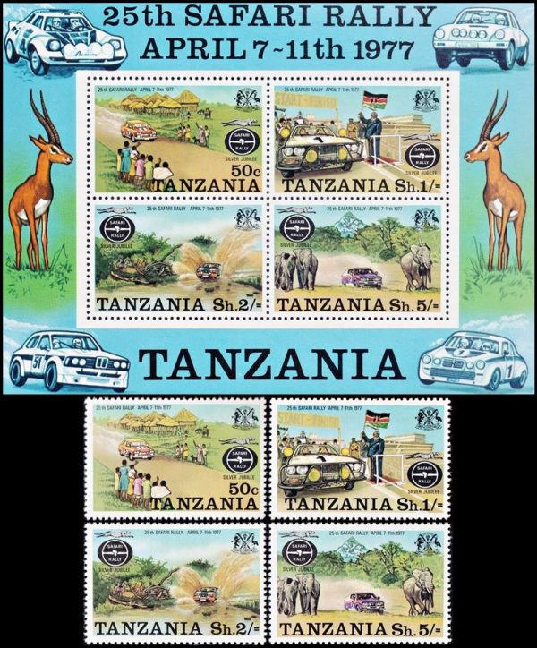 TANZANIA/SELLOS, 1977 - AUTOMOVILES - FAUNA - SAFARI RALLY - YV 72/75 + BF 5 - 4 VALORES + BLOQUE - NUEVO