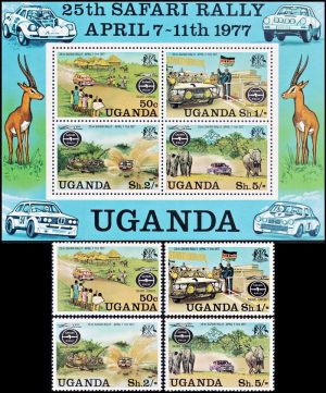 UGANDA/STAMPS, 1977 - CARDS - FAUNA - SAFARI RALLY - YV 134/37 + BF 5 - MNH