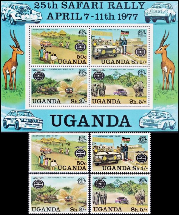 UGANDA/STAMPS, 1977 - CARDS - FAUNA - SAFARI RALLY - YV 134/37 + BF 5 - MNH