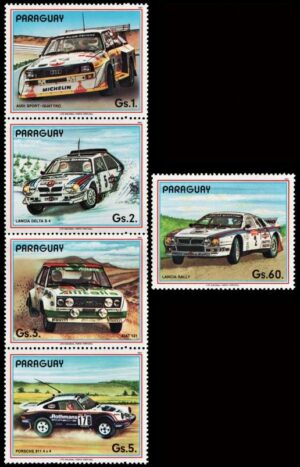 PARAGUAY/SELLOS, 1987 - AUTOMOVILES - RALLY - YV 2309/13 - 5 VALORES - NUEVO