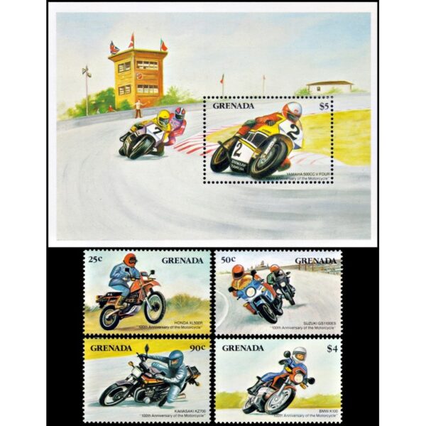 GRENADA/SELLOS, 1985 - MOTOS - YV 1216/19 + BF 129 - 4 VALUES + SOUV SHEET - MNH