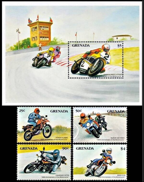 GRANADA/SELLOS, 1985 - MOTOS - YV 1216/19 -+ BF 129 - 4 VALORES + BLOQUE - NUEVO