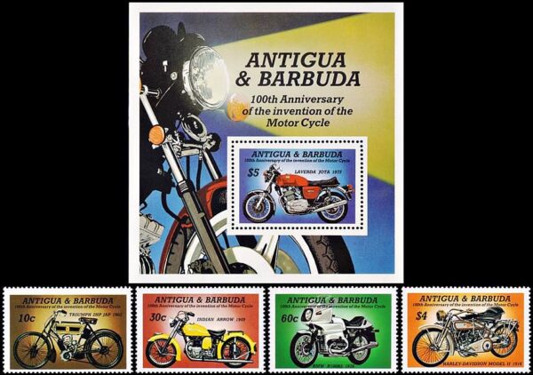 ANTIGUA/SELLOS, 1985 - MOTOCICLETAS - YV 815/18 + BF 89 - 4 VALORES + BLOQUE - NUEVO