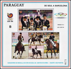 PARAGUAY/SELLOS, 1989 - JUEGOS OLIMPICOS - SEUL 88 - JINETES DE DOMA - MICHEL BF 44 - LETRA B - BLOQUE- NUEVO