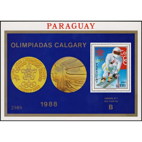PARAGUAY/SELLOS, 1988 - JUEGOS OLIMPICOS CALGARY 88 - YV BF 398 - LETRA B- BLOQUE - NUEVO