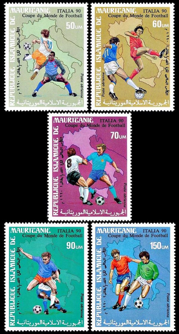 MAURITANIA/SELLOS, 1990 - FUTBOL - CAMPEONATO ITALIA 90 - YV 263/67 - 5 VALORES - NUEVO