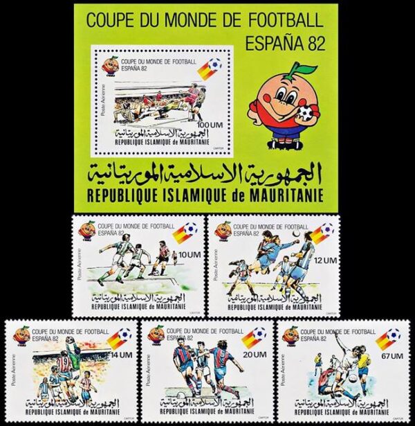 MAURITANIA/SELLOS, 1980 - FUTBOL - CAMPEONATO MUNDIAL ESPAÑA 82 - YV 195/99 + BF 29 - 5 VALORES + BLOQUE - NUEVO