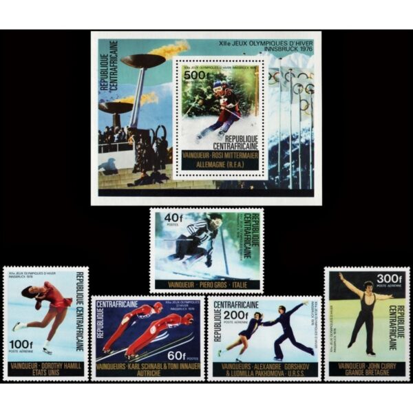 CENTRAL AFRICAN/STAMPS, 1976 - OLYMPIC GAMES INNSBRUCK 1976 - YV 262/63 + A 150/52 + BF 11 MNH