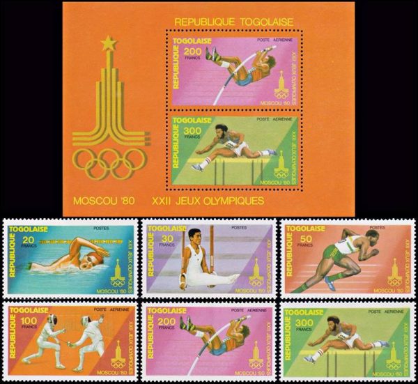 TOGO/SELLOS, 1980 - JUEGOS OLIMPICOS MOSCU 1980 - YV 978/80 + A 415/17 + BF 137 - 6 VALORES + BLOQUE - NUEVO