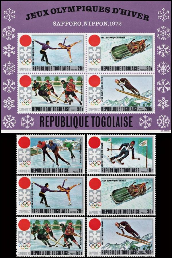 TOGO/SELLOS, 1971 - JUEGOS OLIMPICOS SAPORO 1972 - YV 722/26 + A 167 + BF 56 - 6 VALORES + BLOQUE - NUEVO