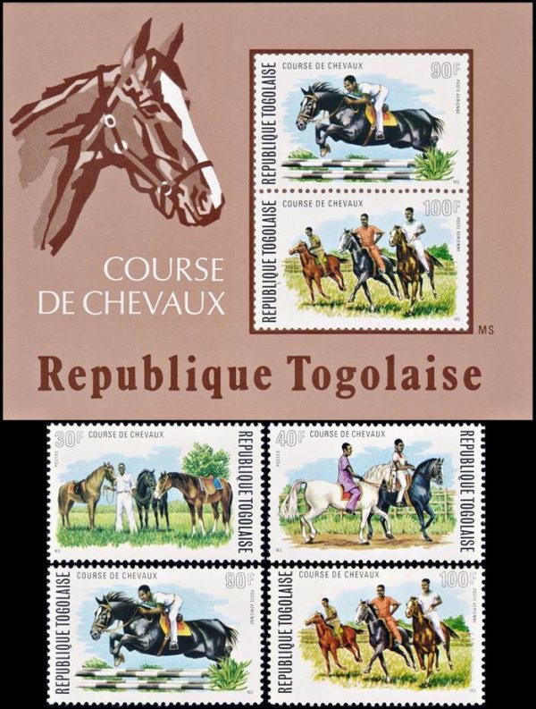 TOGO/SELLOS, 1974 -DEPORTES - CARRERAS DE CABALLOS - YV 813/14 + A 231/32 + BL 80 - 4 VALORES + BLOQUE - NUEVO