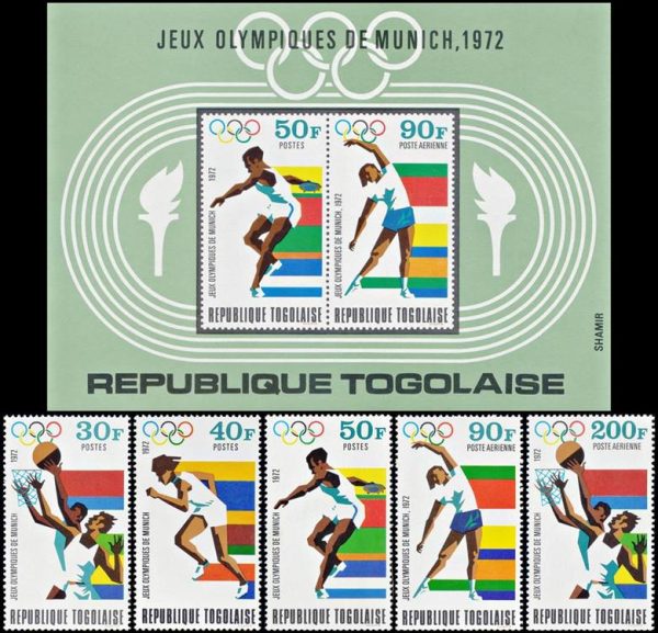 TOGO/SELLOS, 1972 - JUEGOS OLIMPICOS MUNICH 1972 - YV 747/49 ++ A 182/83 - BF 62 - 5 VALORES + BLOQUE - NUEVO